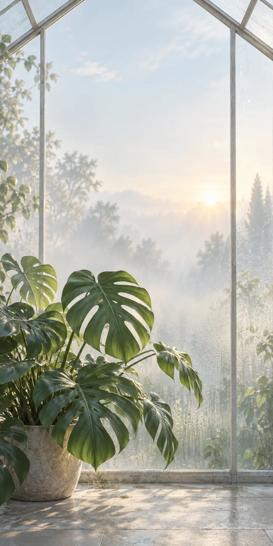 Monstera by greenhouse window with soft morning mist and golden sunrise glow