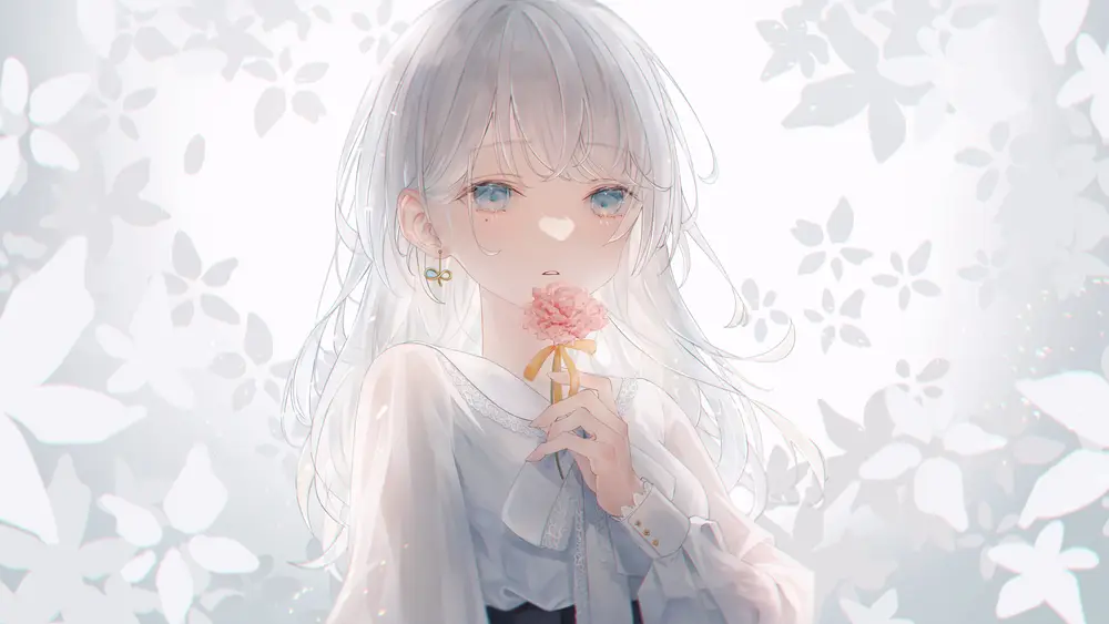 银发少女持粉花唯美插画