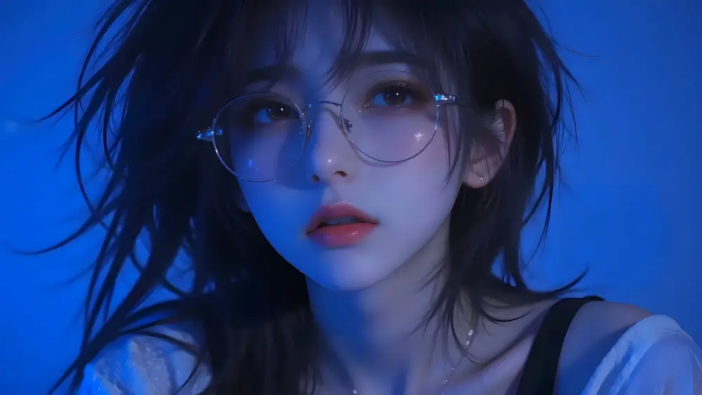 深蓝氛围感戴眼镜少女