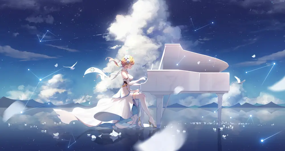 少女星空下弹奏白钢琴