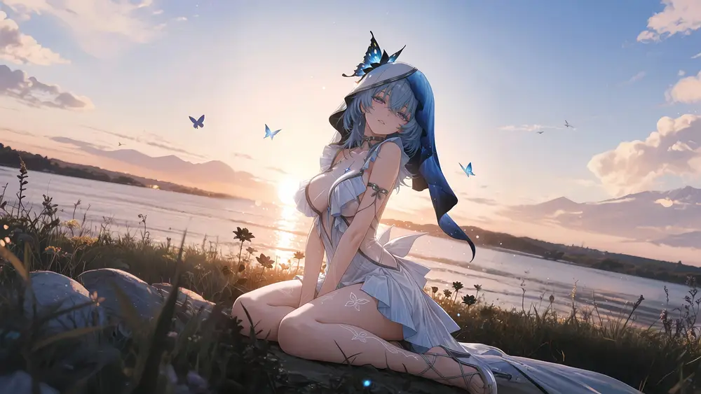 夕阳下的蓝发少女与蝴蝶