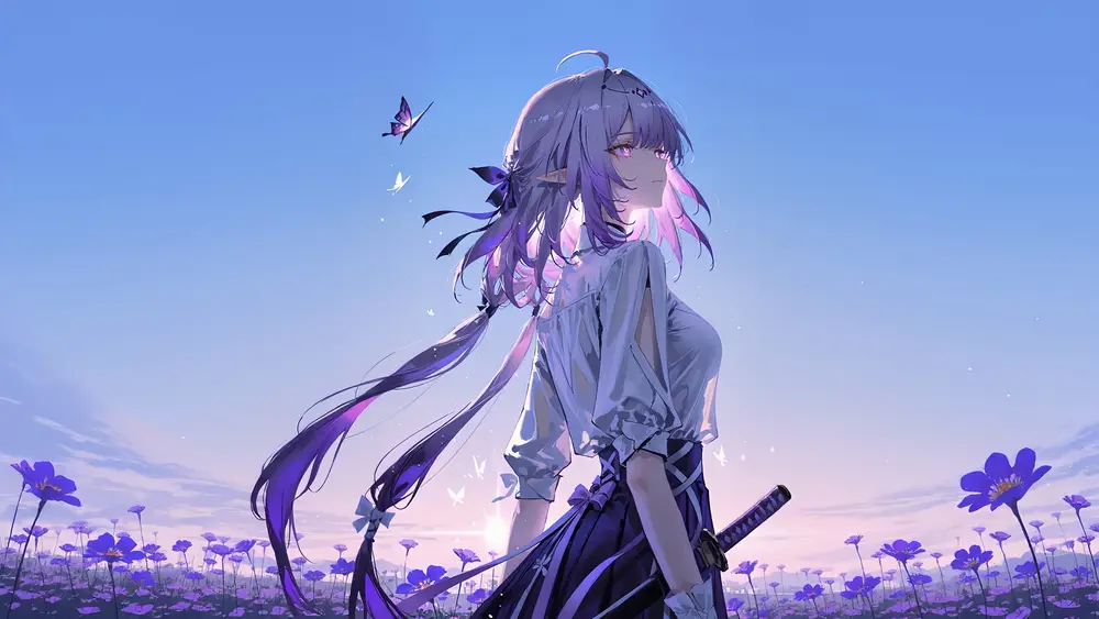 紫色花海中的精灵剑士