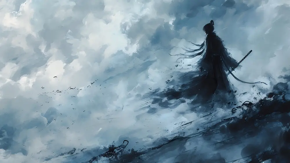 云端孤影武士意境壁纸