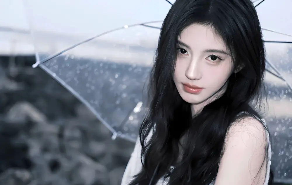 撑伞雨中长发少女