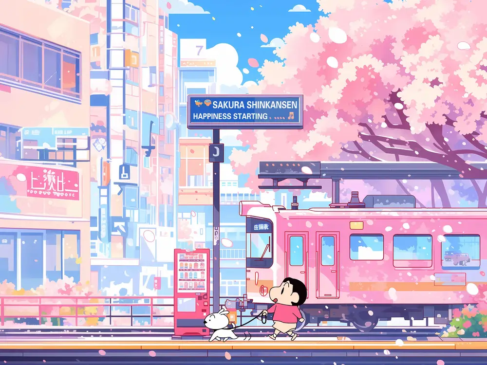 樱花季节小新遛狗壁纸