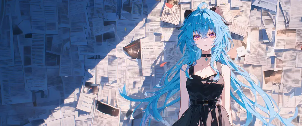蓝发少女与纸堆意境壁纸