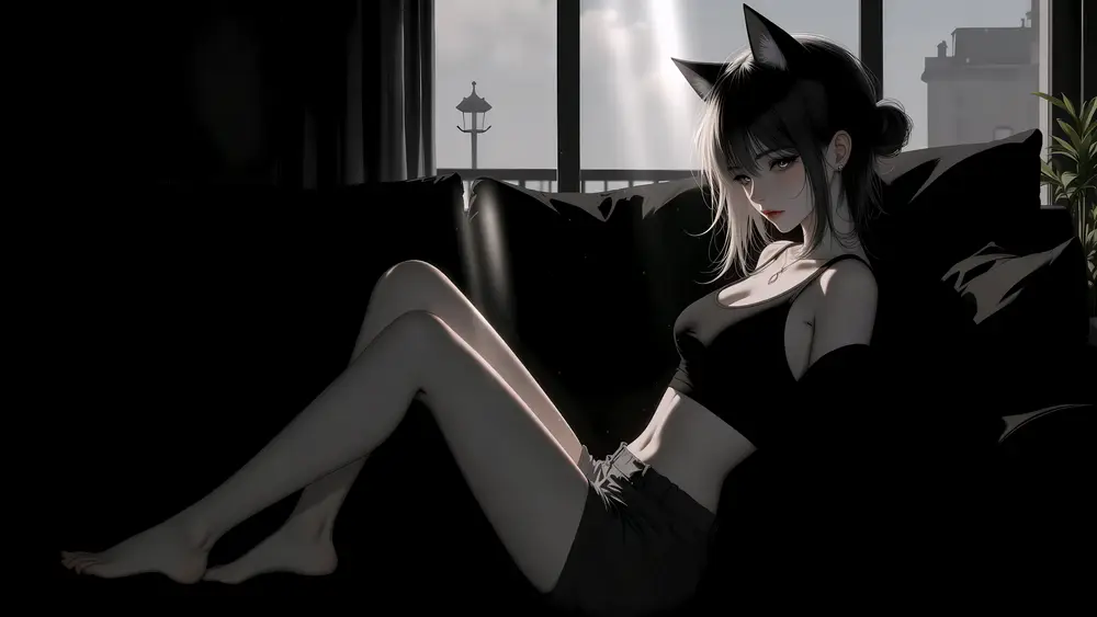 暗影沙发上的猫耳少女
