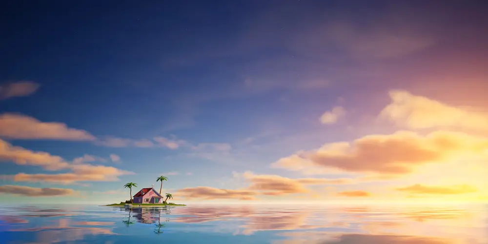 海上孤岛小屋夕阳