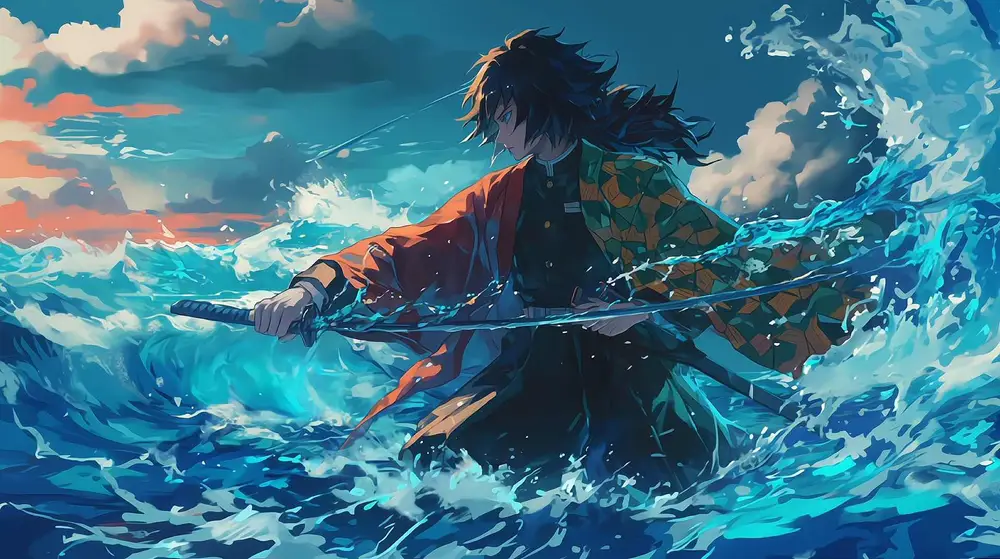 浪中挥剑的少年武士