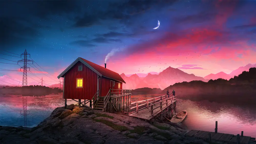 湖畔红木屋梦幻夕阳