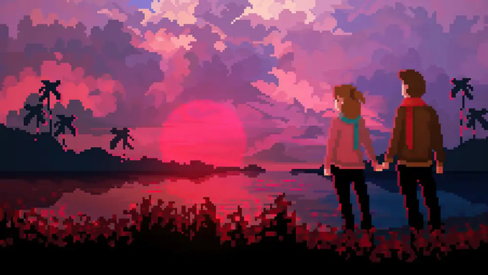 像素风情侣夕阳海景