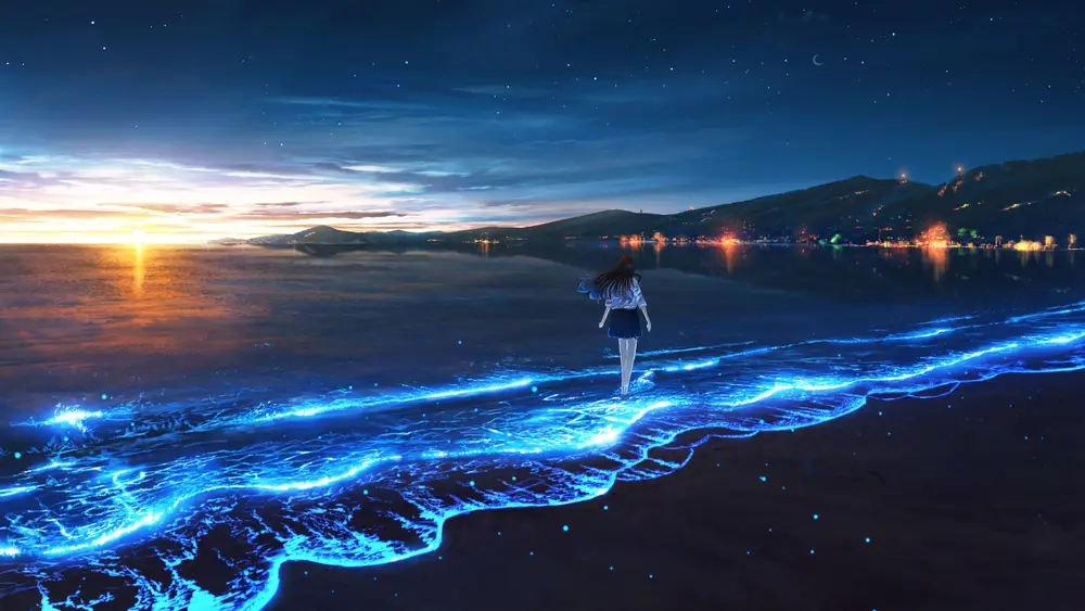 少女漫步荧光海滩