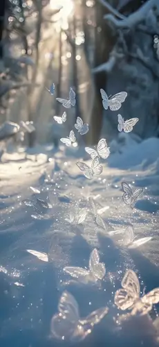 1320x2868 Mobile 艺术插画 Wallpaper - 冰雪蝴蝶在冬日雪林暖阳下轻盈飞舞