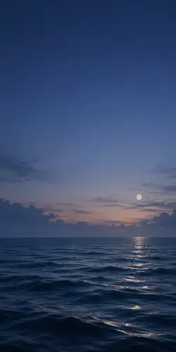 887x1774 Mobile Wallpaper - 月夜海面泛着月光 深蓝渐变天空点缀薄云