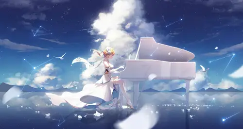 5000x2657 Desktop 动漫二次元 Wallpaper - 少女星空下弹奏白钢琴