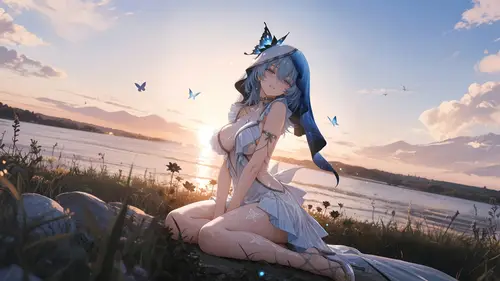 8000x4500 Desktop 动漫二次元 Wallpaper - 夕阳下的蓝发少女与蝴蝶