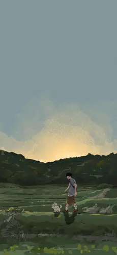 1320x2868 Mobile 艺术插画 Wallpaper - 男孩牵着小白狗漫步郊野 黄昏暖光笼罩青青山坡