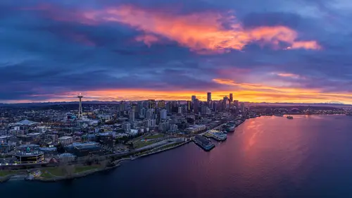 3840x2160 Desktop 城市建筑 Wallpaper - Seattle City Skyline Panoramic Sunset View