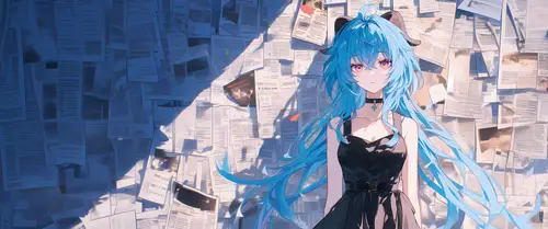 3440x1440 Ultrawide 动漫二次元 Wallpaper - 蓝发少女与纸堆意境壁纸