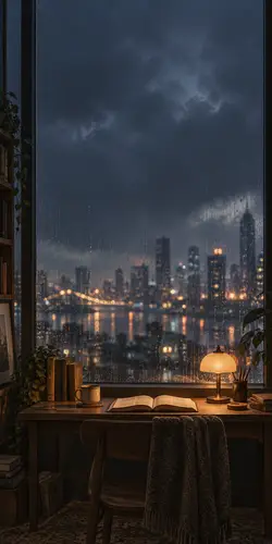 887x1774 Mobile Wallpaper - 雨夜窗边书桌摆着翻开的书 暖灯映照朦胧都市夜景