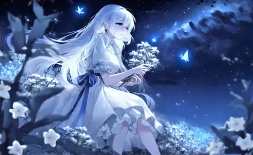6036x3709 Desktop 动漫二次元 Wallpaper - 梦幻白发少女星夜花海
