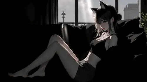 7680x4320 Desktop 动漫二次元 Wallpaper - 暗影沙发上的猫耳少女