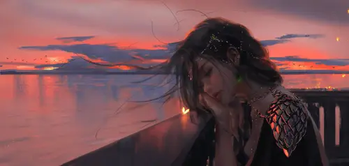 4400x2092 Desktop 游戏电竞 Wallpaper - 落日余晖下的忧郁少女