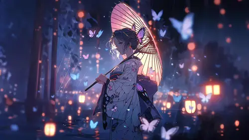 1920x1078 Desktop 动漫二次元 Wallpaper - 和风少女与发光蝴蝶壁纸