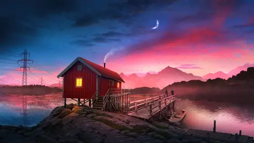 3840x2160 Desktop 自然风景 Wallpaper - 湖畔红木屋梦幻夕阳