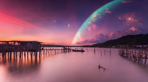 4237x2359 Desktop 自然风景 Wallpaper - 梦幻星空下的静谧木屋