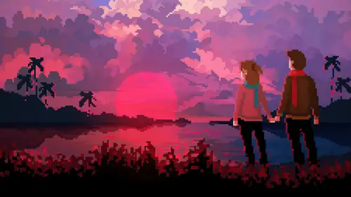 5120x2880 Desktop 动漫二次元 Wallpaper - 像素风情侣夕阳海景