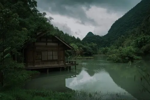 19008x12672 Desktop Wallpaper - 山谷湖畔临水草屋 阴云密布下的青绿山林水色景致